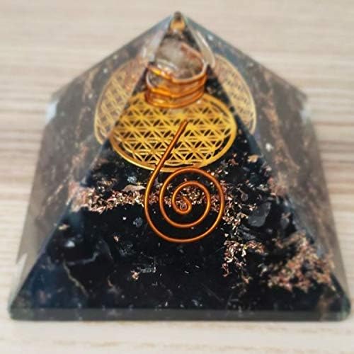 פירמידה טורמלין שחורה אורגונה עם פרח סמל החיים/מחולל אנרגיה עם 4 נקודות קריסטל, רייקי, הגנת EMF וכיס