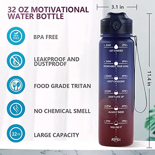 Mikamee 32 גרם בקבוקי מים סמן זמן ועם קש, בקבוק מים מוטיבציוני עם זמן לשתייה, טריטאן BPA חינם, חינם,