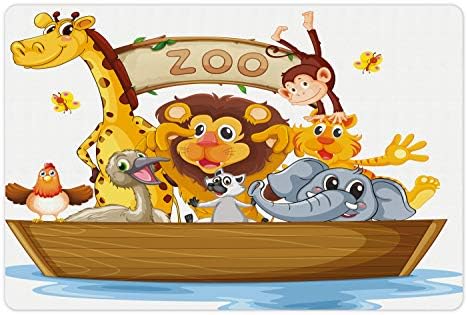 מחצלת חיות מחמד מצוירת למזון ומים, סירת איור מלאה בסגנון חיות גן חיות נושא אריה ג 'ירפה קוף, מחצלת