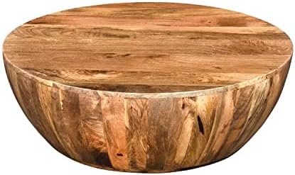 שולחן קפה תוף עץ מנגו בעבודת יד - גימור חום טבעי עם חלק עליון עגול ובנייה עמידה להגשה ועיצוב שולחן