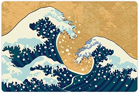 אמבסון יפני גל לחיות מחמד מחצלת עבור מזון ומים, ים סערה ביפן מסורתי ציור קצף גלים, מלבן החלקה גומי