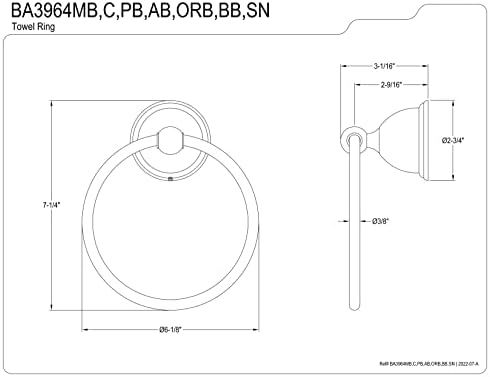 פליז קינגסטון BA3964MB שיקום טבעת מגבות בגודל 6 אינץ ', שחור מט
