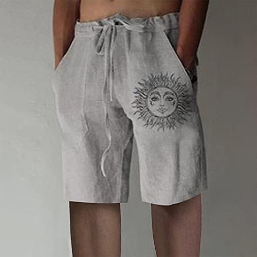 Wenkomg1 מכנסי פשתן כותנה קיץ לגברים, מכנסי חוף נושמים משקל קל משקל מודפסים מכנסיים קצרים של פיג'מה