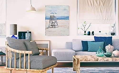 יהוי אמנויות אוקיינוס בד קיר אמנות עם מרקם מופשט חוף ציורי עם סולם ומטרייה עכשווי החוף תמונות עם כחול צבע לסלון