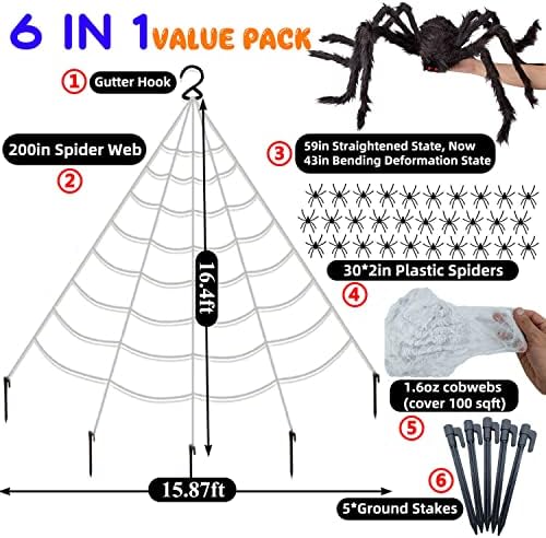 לינטימו ליל כל הקדושים 200 קישוטי רשת עכביש, עכביש קטיפה ענק 59, 30 עכבישים לתינוקות, 45 גרם קורייב - 6 ב -1 אבזרים