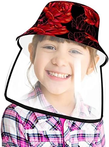 כובע מגן למבוגרים עם מגן פנים, כובע דייג כובע אנטי שמש, פרחוני פרחי ורד אדומים