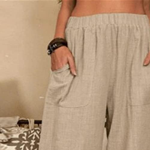 DGHM-jlMy אופנת כותנה מוצקה לנשים מכנסיים מזדמנים רופפים כיסים מכנסי פשתן מותניים אלסטיים משקל קל משקל מכנסיים