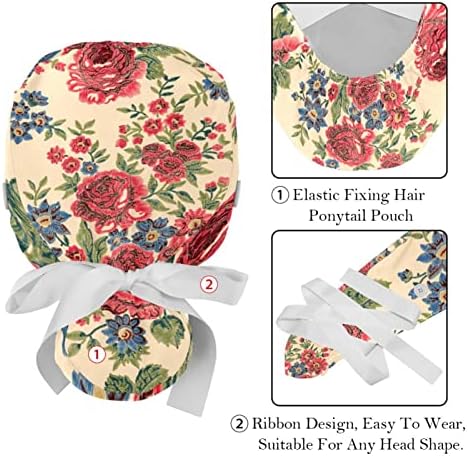 2 חתיכות כובע עבודה מתכוונן עם כפתורים ועניבת סרט לנשים שיער ארוך, פרח ורד וינטג '