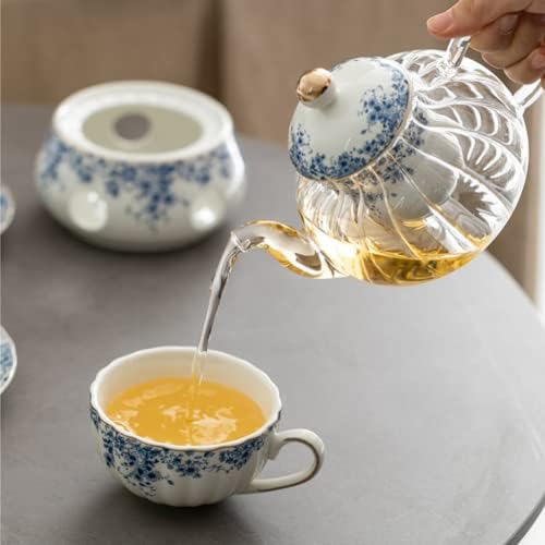 סט כוס קפה Femun, סט כוס תה ， ערכת תה אחר הצהריים קרמיקה, כוס פרחים כחולה קטנה כוס קפה, כוס קפה של נרות מחוממת,