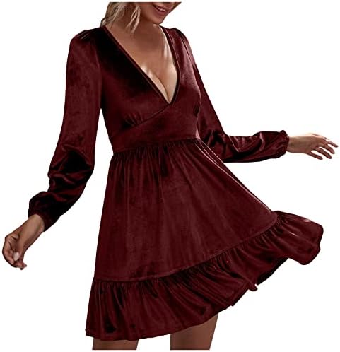 Jjhaevdy נשים V-Neck שרוול שרוול שמלת קטיפה קפיץ שמלות מיני זרימה זורמת טוניקה זורמת
