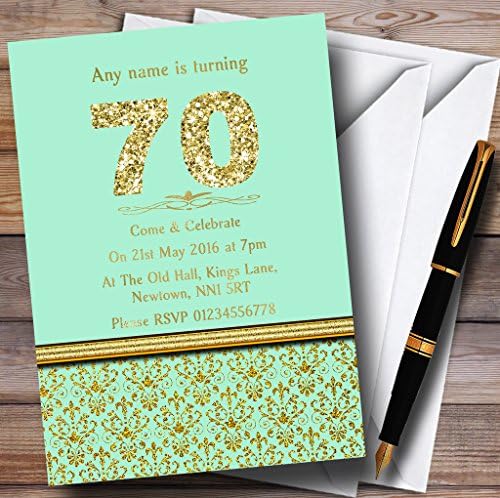 Mint Green & Gold Vintage Damask 70th הזמנות למסיבת יום הולדת בהתאמה אישית