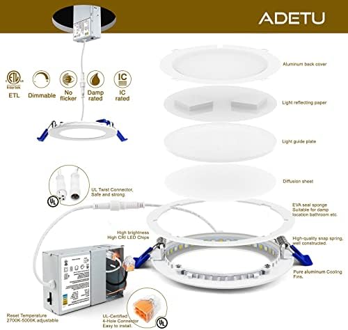תאורה שקועה של Adetu LED תאורה 6 אינץ 'תאורת תקרה עם תיבת צומת 2700K/3000K/3500K/4000K/5000K RESET
