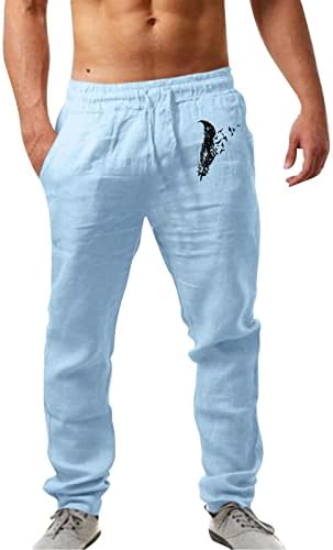 מכנסי פשתן כותנה לגברים קיץ מכנסי פיג'מה נוחים הדפס נוצה המותניים במותניים באורך מלא מכנסי יוגה