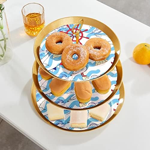 עוגת עומד סט של 3, שחף מגדלור גלגל גל ים אוקיינוס דפוס הכן תצוגת שולחן קינוח דוכן הקאפקייקס לחתונה