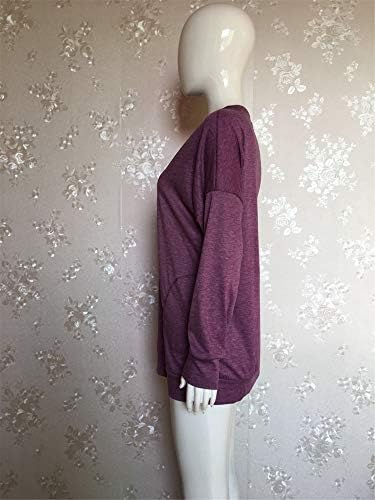 Andongnywell צוואר עגול לנשים כיס שרוול ארוך כיס בצבע מוצק חולצה טוניקה מזדמנים חולצה