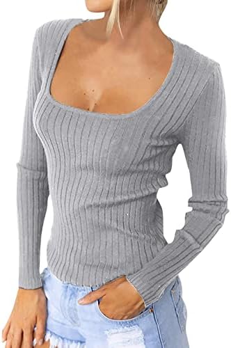 חולצת טי של צווארון מרובע של Znne, חולצת סוודר סרוג בצבע אחיד שרוול ארוך שרוול ארוך סווטשירטים סווטשירטים