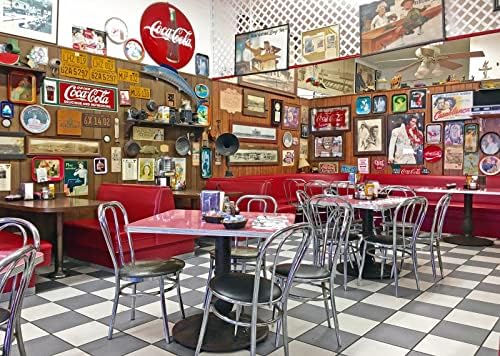 בד בלקו 15 על 8 רגל רטרו וינטג ' מסעדה רקע דיינר משנות ה -50 דיינר מקומי עם קיר מזכרות אמריקאיות 1950 רקע