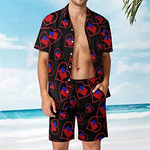 אני אוהב אנשי לב אדומים סמואניים 2 חלקים הוואי סט מכפתור חולצות שרוול קצר מכנסי חוף רופפים מתאימים