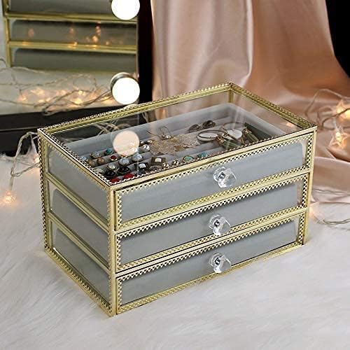 קופסא אחסון תכשיטים קופסת תכשיטים ברורה זכוכית עם 3 מגירות, מארגן תכשיטים קטיפה, טבעות עגיל טבעות שרשראות