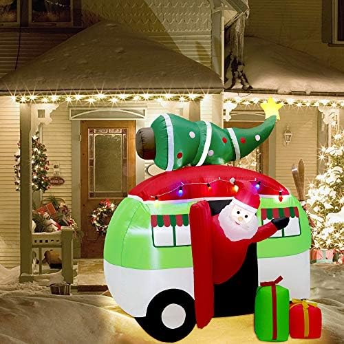 Atdawn 7 ft חג המולד מתנפח סנטה קלאוס נוהג במכונית עם עץ חג המולד וארגזי מתנה, פוצץ קישוט חצר מואר, קישוטים