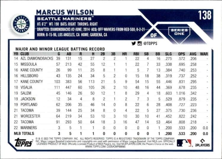2023 Topps 138 מרקוס ווילסון RC טירון סיאטל סדרה 1 כרטיס מסחר בייסבול MLB
