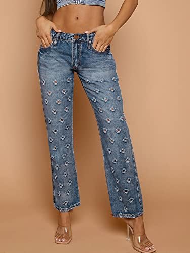 קבליף נשים ג 'ינס חור אגרוף פירוט אמצע עלייה ישר רגל ג 'ינס ג' ינס לנשים