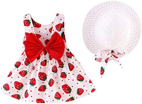 פעוטות בנות שמלת נסיכה תות דפוס תות שמלות אפוד ללא שרוולים כובע תלבושות לתינוקות לילדות שילדות שמלה וחצאית