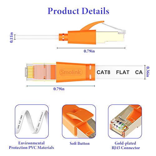 Cat 8 כבל Ethernet 150 רגל, כבל LAN ברשת אינטרנט שטוחה במהירות גבוהה, מהיר יותר מ- Cat7/Cat6/Cat5, כבל תיקון עמיד