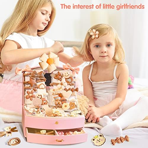 מארגן קופסאות תכשיטים של BBNOTE עם 43 חתיכות אביזרי שיער חומים, קופסת תכשיטים של בנות ורודים