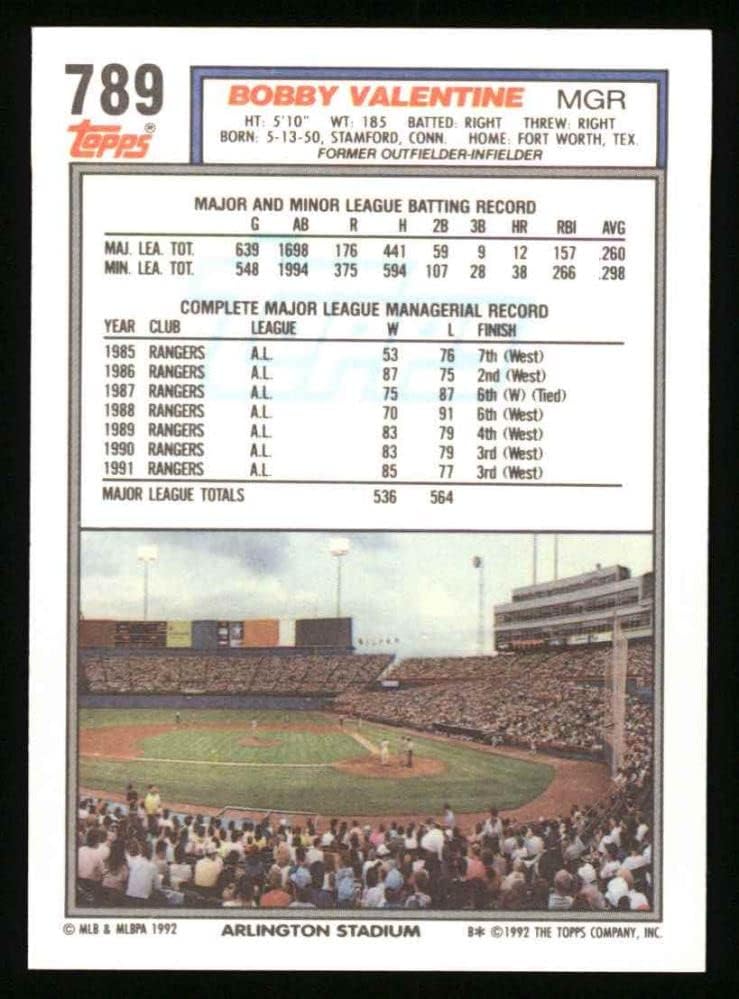 1992 Topps 789 בובי ולנטיין טקסס ריינג'רס NM/MT Rangers