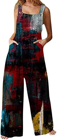 סרבל סרבל אופנה של נשים שורשיות רצועות כפתור מודפסות צבעוניות רצועות רגל רגל רחבות רחבות מכנסיים ארוכים עם כיסים