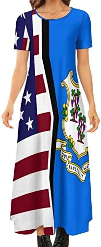 אמריקאי ומדינת קונטיקט דגל נשים של ארוך שמלת צווארון עגול מקסי שמלה מזדמן נדנדה ערב שמלות