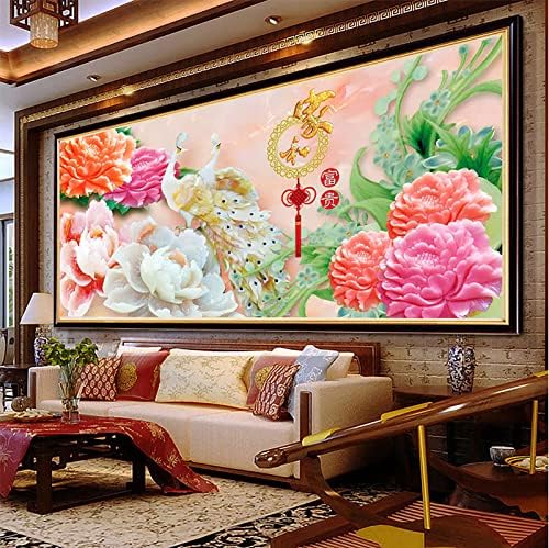 ציור יהלומים למבוגרים עגול תרגיל מלא טווס ופרחים פנינה גדול גודל קיר קישוטים לסלון 59.1 על 23.6 אינץ
