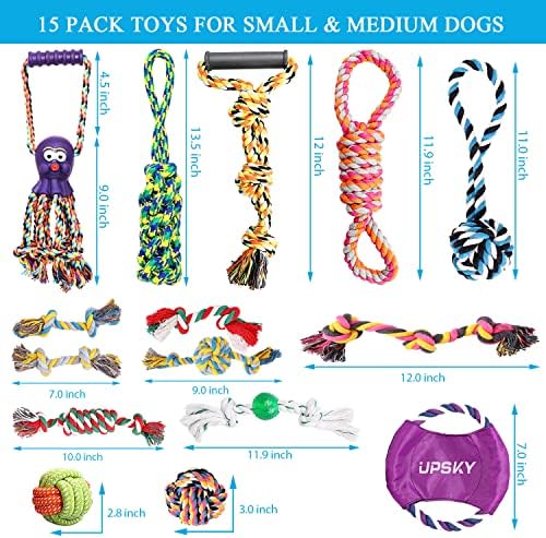 צעצועי חבל כלבים של Upsky 15 צעצועים לכלבים, צעצועי לקיעת שיניים טחינת גורים, משיכת צעצועי מלחמה