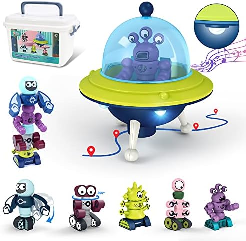 צעצוע חלל מוזיקלי של Holyfun ילד מגנטי עם 35 יחידות ערימה חסימות בניין רובוט, קופסת אחסון, צלוחית מעופפת אלקטרונית