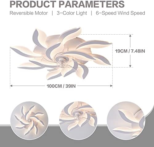 מאוורר תקרה מודרני 39 עם אורות ושלט רחוק, 3 טמפרטורות צבע ניתנות לעמעום 6 מהירות רוח הילוכים, אור מאוורר בעל