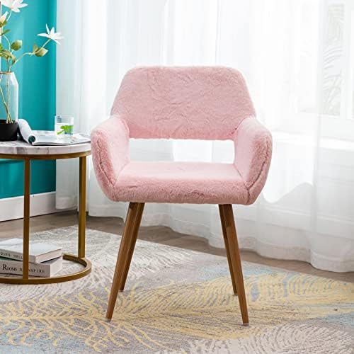 פו פרווה יהירות כיסא אלגנטי ורוד פרוותי איפור שולחן כיסאות עבור בנות נשים מודרני קומפי פלאפי זרוע כיסא עם עץ