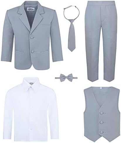 סט חליפות 6 חלקים לילד - כולל מעיל חליפה, מכנסי שמלה, אפוד תואם, חולצת שמלה לבנה, עניבת צוואר ועניבת פרפר