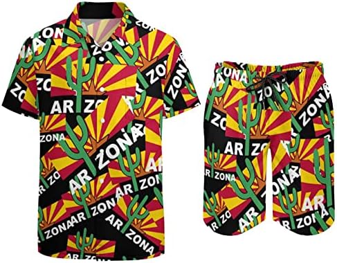 Weedkeycat cactus arizona flag תלבושות חוף לגברים 2 חלקים כפתור הוואי למטה חולצה קצרה שרוול ומכנסי תא מטען קצרים