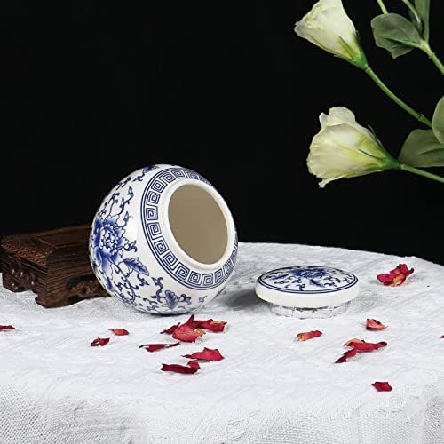 קסינגיאן סיני מסורתי כחול -לבן קרמיקה קרמיקה ג'ינג'ר קטן עם מכסה, לאחסון תה, דקורטיבי בית, צנצנת