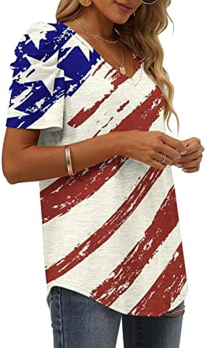 חולצות פטריוטיות לנשים צמרות יום עצמאות נפיחות שרוול קצר V חולצות טי צוואר חולצות דגל אמריקאי