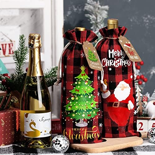 זנגמי 12 יחידות חג המולד יין מתנת שקיות, באפלו משובץ יוטה שרוך יין בקבוק שקיות עם תגים וחבל עבור חג המולד מתנה,