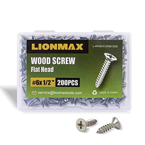 Lionmax 6 × 1/2 '' ברגי עץ, 200 יח ', ראש שטוח pH כונן הברגים להקשה עצמית, 304 נירוסטה 18-8, אנטי קורוזיה,
