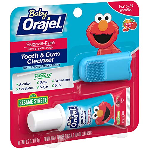 Orajel Elmo נטול שיניים נטולת פלואוריד ומנקה מסטיק עם מברשת אצבעות, חבילת משולבת, פירותי בכיף ללא פלואוריד, 0.7