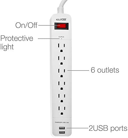 אנרגיה דיגיטלית 6-אאוטלט + 2 USB 1050 רצועת חשמל של מגן מתח ג'ול עם כבל הארכה באורך 25 מטר, לבן, UL