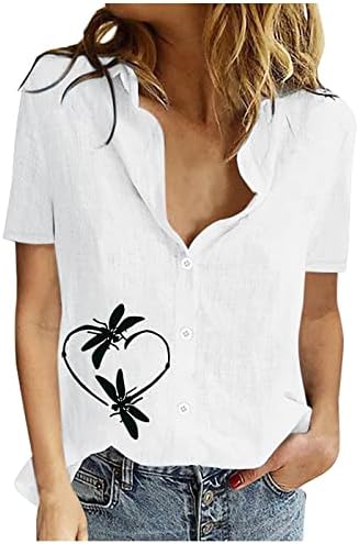 חולצות פשתן כותנה לנשים 2023 שרוול קצר בקיץ שפירית שפירית צמרות גרפיות כפתור דש למטה טוניקה טוניק