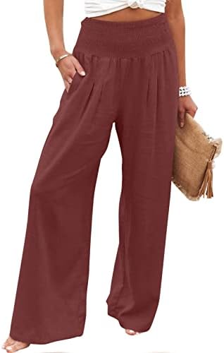מכנסי רגל רחבים של נשים בקיץ מכנסי פשתן כותנה מכנסיים פלאצו זורמים עם כיסים מכנסיים ארוכים מכנסיים מכנסיים