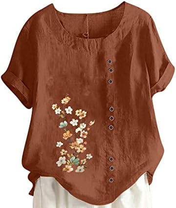 2023 צמרות קיץ נשים פשתן כותנה חולצת טשטוס עליונה עם שרוול קצר טוניקה חולצה פרחונית פלולית פלוס גודל חולצות
