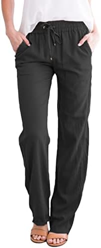 מכנסי פשתן של אתקיה רגל רחבה מותניים גבוהים מותניים אלסטיים כותנה פשתן מכנסי מכנסיים מכנסיים עם כיסים