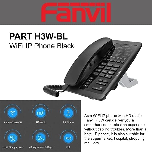 Fanvil H3W Wi-Fi ip טלפון שחור אלחוטי מובנה 2.4 ג'יגה הרץ USB לטעינה של טלפון VoIP מלון/בית חולים